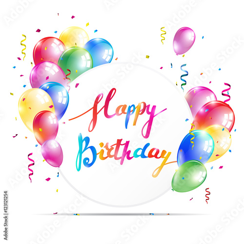 Shiny Happy Birthday banner with colorful balloons, ribbons and confetti. Vector illustration.