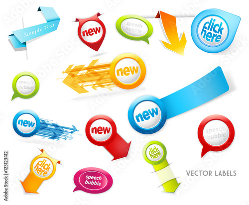 Set of colorful labels, badges, speech bubbles, pointing arrows