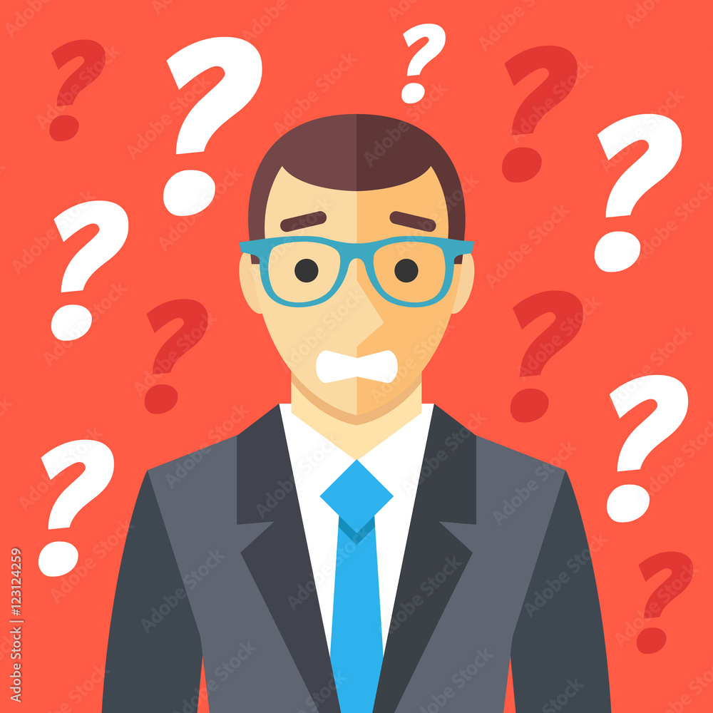Confused man and many question marks. Confusion, difficult situation, clueless human, misunderstanding graphic concepts. Creative flat design vector illustration Confused man and many question marks. Confusion, difficult situation, clueless human, misunderstanding graphic concepts. Creative flat design vector illustration