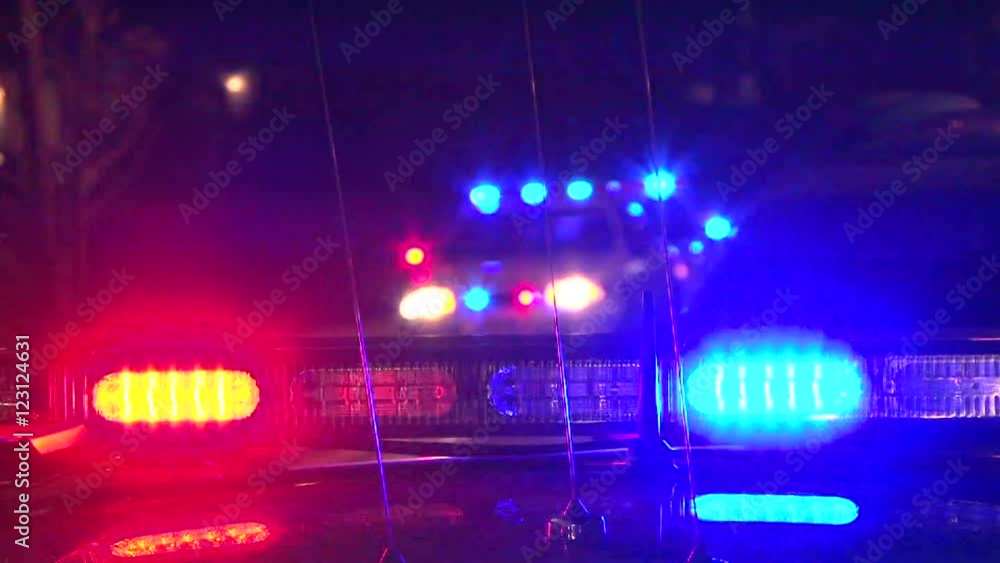 Police lights flashing at night downtown at crime scene. Stock 비디오