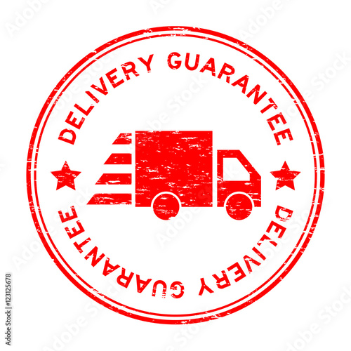 Grunge red delivery guarantee with truck icon rubber stamp