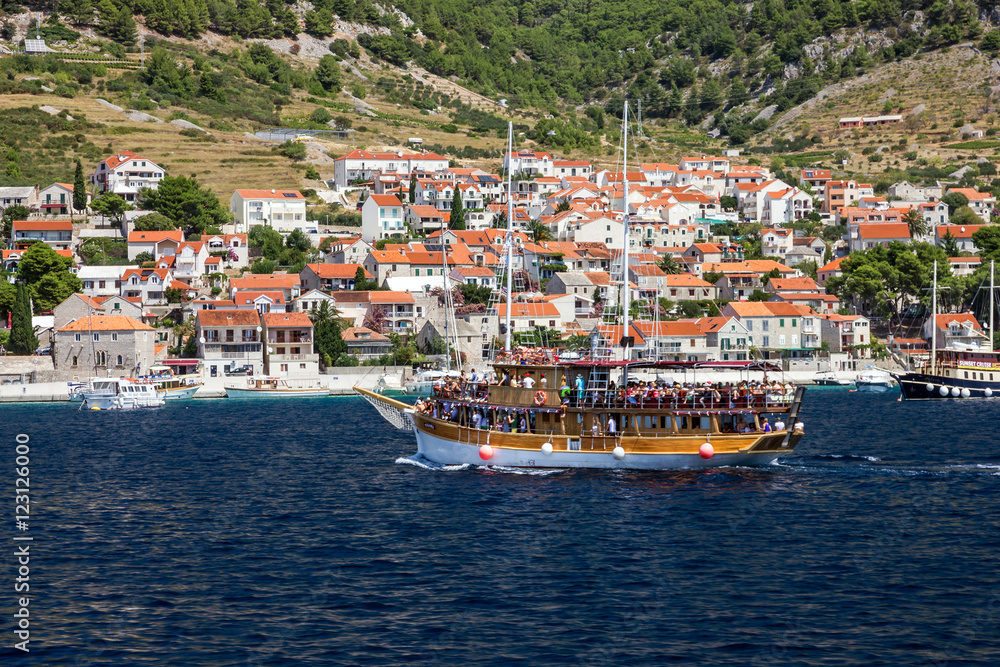 Croatia. Tourist yacht. Resort town Makarska sea view
