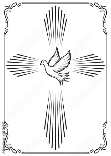 Symbolic cross and dove. Template emblem for church. Vector illustration for design.