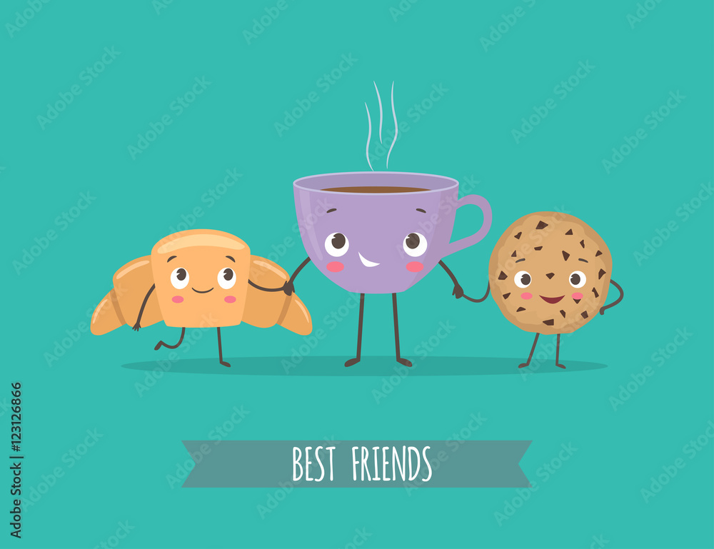 Cute characters croissant, cookies with chocolate and cup of cof Cute characters croissant, cookies with chocolate and cup of cof