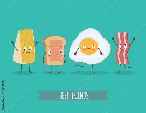 Cute characters chees, bread, egg and bacon
