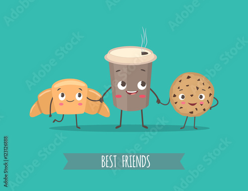 Funny characters croissant, cookies with chocolate and cup of co