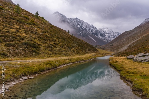 Gletscherbach im Ötztal mit Spiegelung Berge