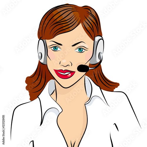 Vector illustration of smiling cute woman working as telephone operator