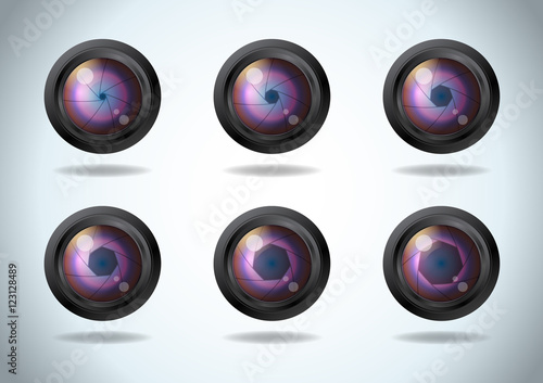 Vector set of lens aperture. Diaphragm of a photo camera shutter realistic icon set. Side exposed aperture blades.