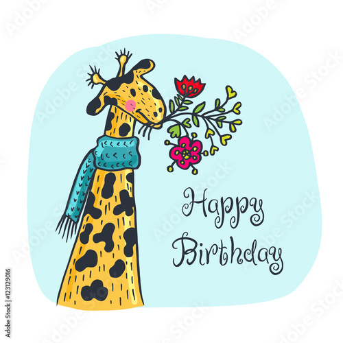 Happy birthday card with giraffe character and flowers.
