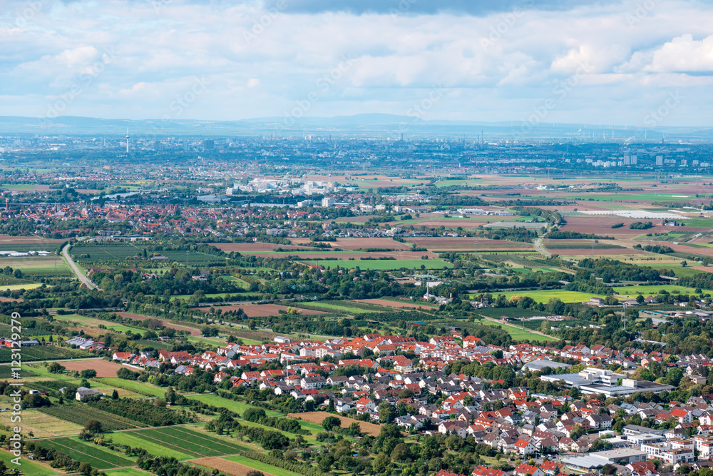 Panoramic view of Upper Rhine Plain. Front - Schriesheim, Ladenburg, background - Mannheim