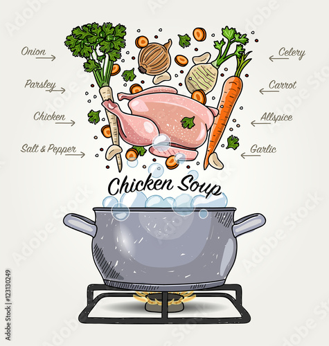 Vector Chicken Soup Ingredients Falling Down to Pot with Boiling Water