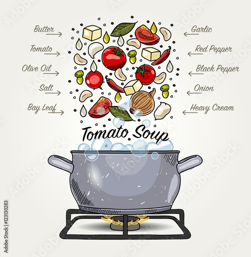 Vector Tomato Soup Ingredients Falling Down to Pot with Boiling Water