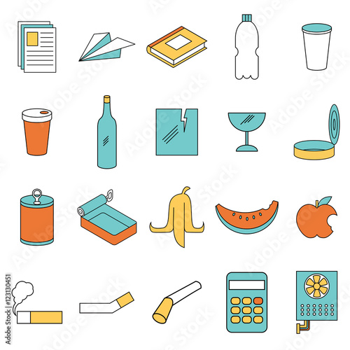 Set of line colour garbage signs