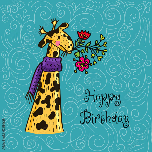 Happy birthday card with giraffe character and flowers.
