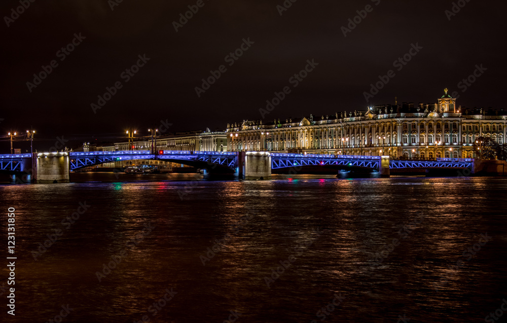 Winter Palace and Palace Bridge at night