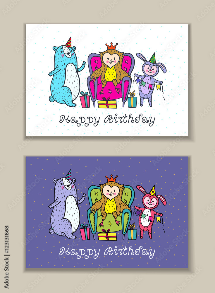 Happy birthday card set with owl, bear and rabbit characters. Happy birthday card set with owl, bear and rabbit characters.