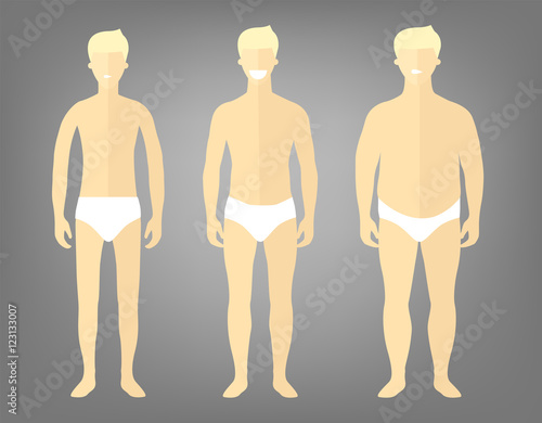Man in a different forms, set of flat style illustrations. Handsome blonde man in white underwear with excess weight, in normal shape and with underweight - vector flat design character.
