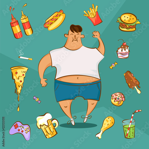 Fast food addiction concept. Unhealthy nutrition conception. Fat man and different dishes in cartoon style. Vector illustration