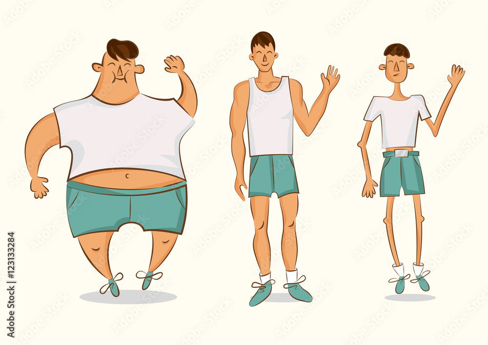 Vector comic character in a different forms. Set of cartoon style  illustrations. Man with excess weight, in normal shape and with  underweight. Stock Vector | Adobe Stock