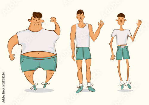 Vector comic character in a different forms. Set of cartoon style illustrations. Man with excess weight, in normal shape and with underweight.