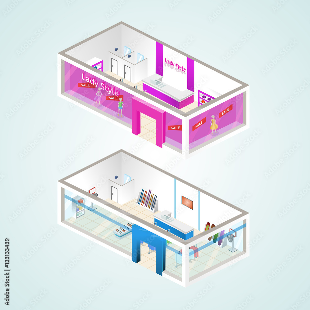 Set of the isometric shops and other elements (Women's Clothing, Sporting Goods). Vector illustration.
