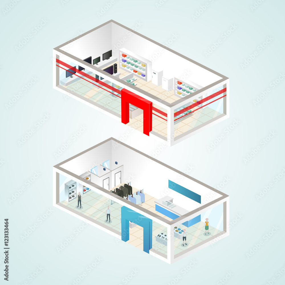 Set of the isometric shops and other elements (Home appliance, Clothing). Vector illustration.