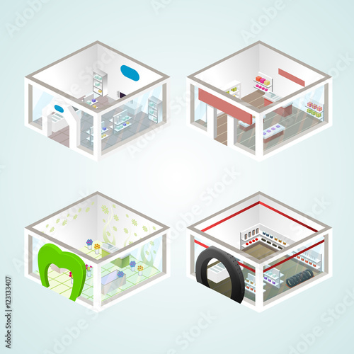 Set of the isometric shops and other elements (Gifts, Flowers, Auto products). Vector illustration.
