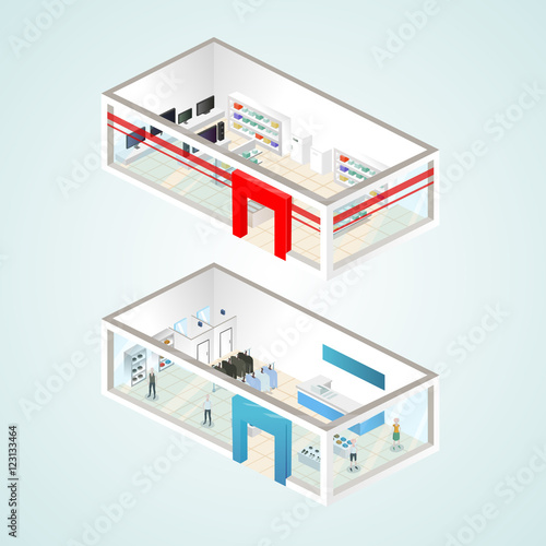 Set of the isometric shops and other elements (Home appliance, Clothing). Vector illustration.