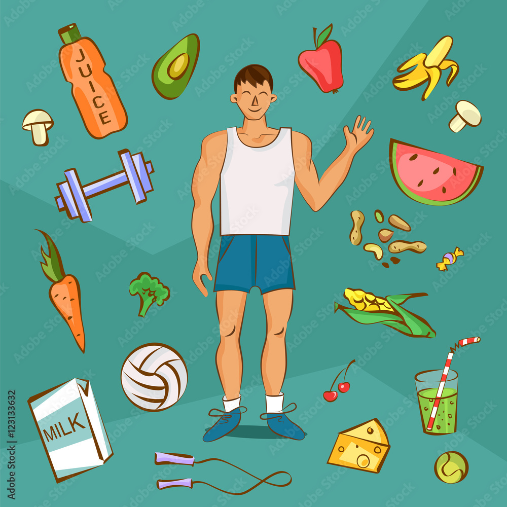 Young man in white shirt with normal body build. Comic cartoon  illustration. Healthy nutrition article layout. Vector character with set  of different healthy products. Stock Vector | Adobe Stock