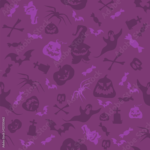 Halloween pumpkins, bones, bats and skulls seamless pattern. Violet vector illustration in cartoon style for holiday poster, banner, brochure, invitation card, packing design.