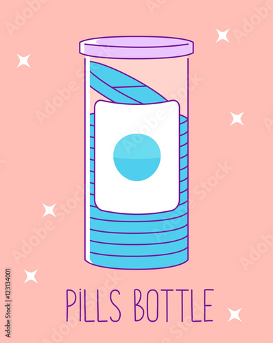 Pill bottle flat line icon on pink background. Pills jar for tablets. Medical container. Vector illustration