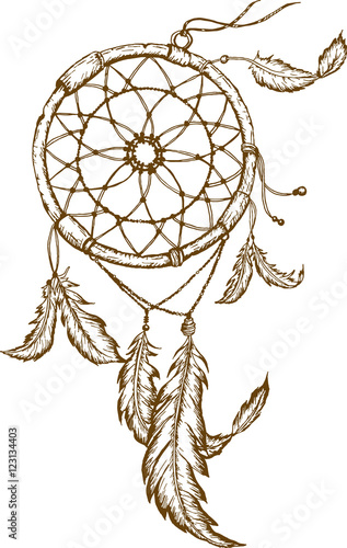 Hand-drawn dreamcatcher with feathers. Ethnic illustration, tribal