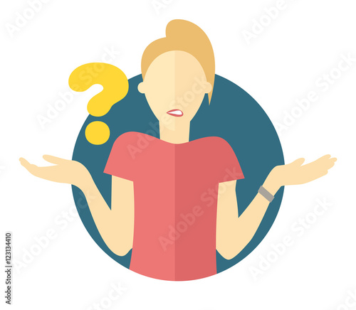 Vector blonde woman with a question mark. Girl doubts. "I don't know" expression