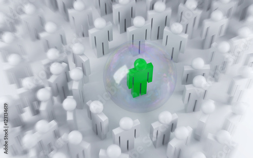 3d people and one special and green in a protective bubble on gray background with zoom effect