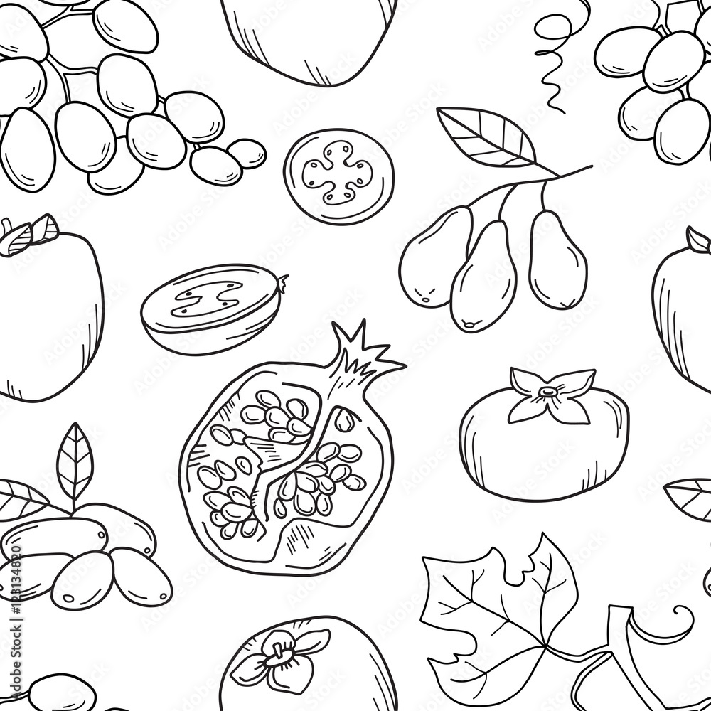 Monochrome vector seamless pattern with fruits. Abstract healthy