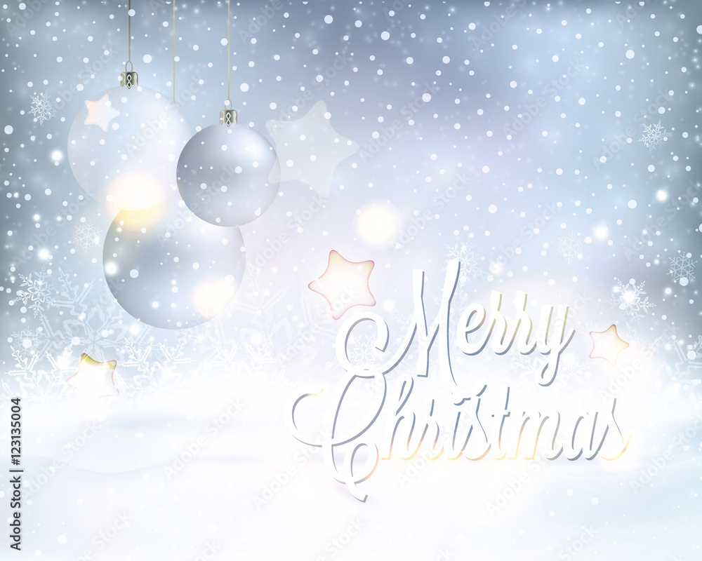 Silver blue Christmas background with baubles and snowfall Silver blue Christmas background with baubles and snowfall