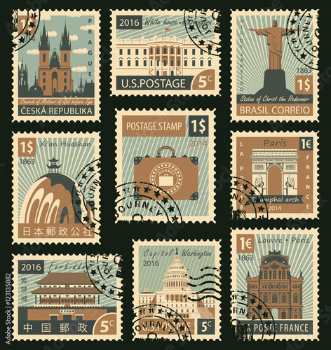 set of stamps with different historical architectural sights landmarks