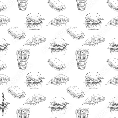 Hand drawn fast food pattern. Burger, pizza, french fries detailed illustrations. Great for restaurant menu or banner