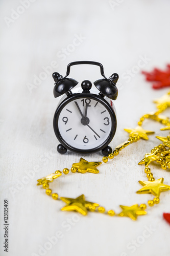 Christmas decorations and clock