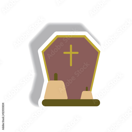 Vector illustration paper sticker Halloween icon grave monument and pumpkins