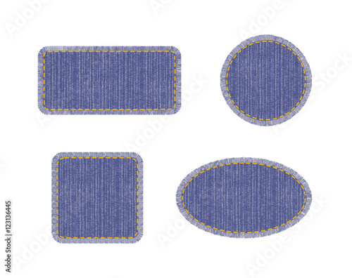Set of blue denim patches with stitch. Different shapes.