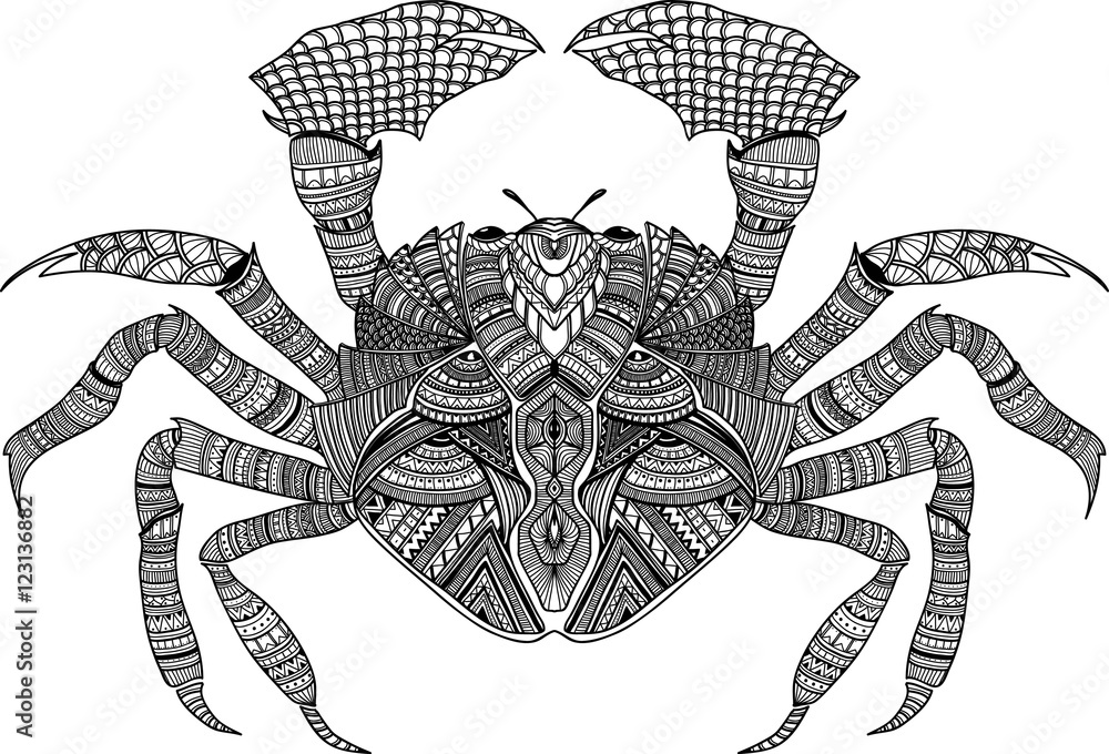 Hand drawn zentangle crab for coloring book adult, tattoo Stock Vector