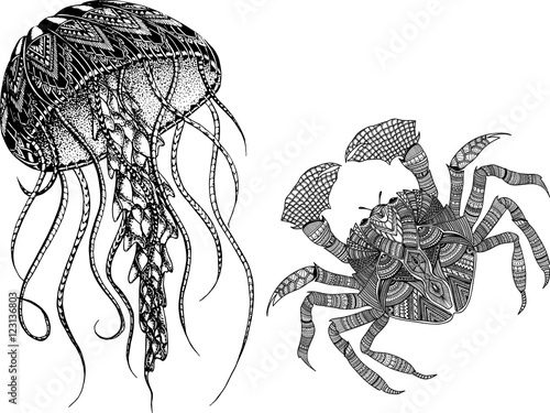 Hand drawn zentangle crab and jellyfish for coloring book adult, tattoo