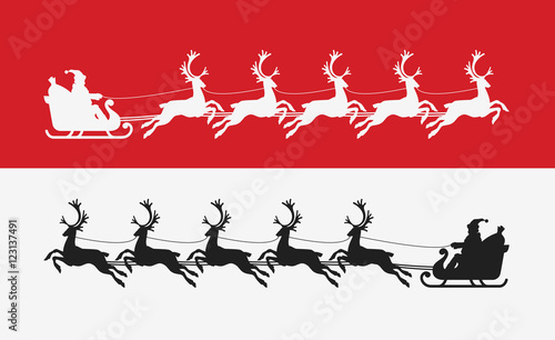 Santa Claus rides in sleigh pulled by reindeer. Merry Christmas banner