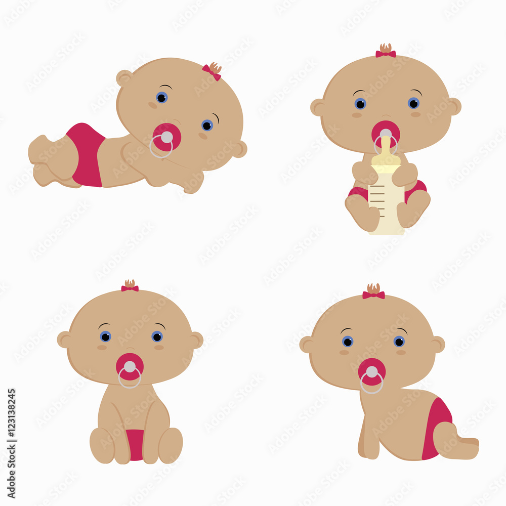 little girl in diaper lying sitting crawling with a pacifier and little girl in diaper lying sitting crawling with a pacifier and