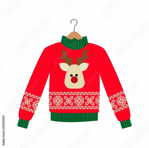 illustration of a red Christmas sweater with deer on the white background