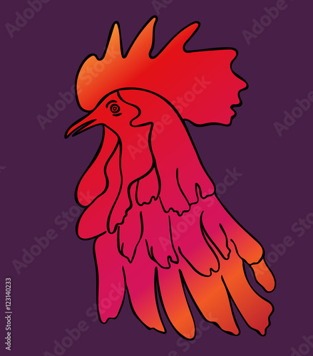 Silhouette of a rooster head.  Cock sketch, hand drawing. Symbol of New Year 2017. Vector. Color illustration, stylization