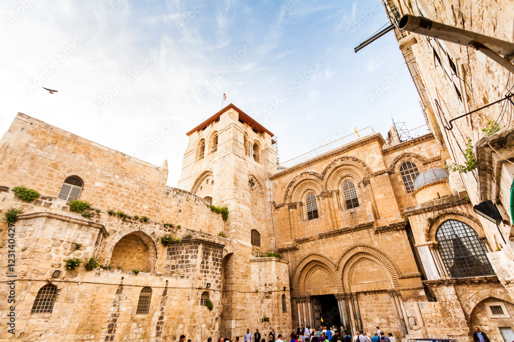 Entrance to the Church of the Holy Sepulchre. Patio and the main facade. Jerusalem, Israel.
