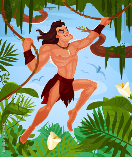 Vector Tarzan swinging on vines
